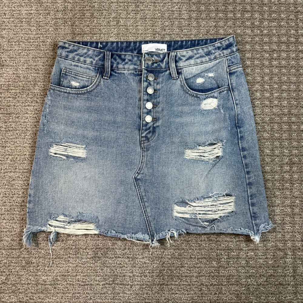 Y2K Vervet Los Angeles Distressed Denim Mini Skirt Light Wash Button Fly VT770 L